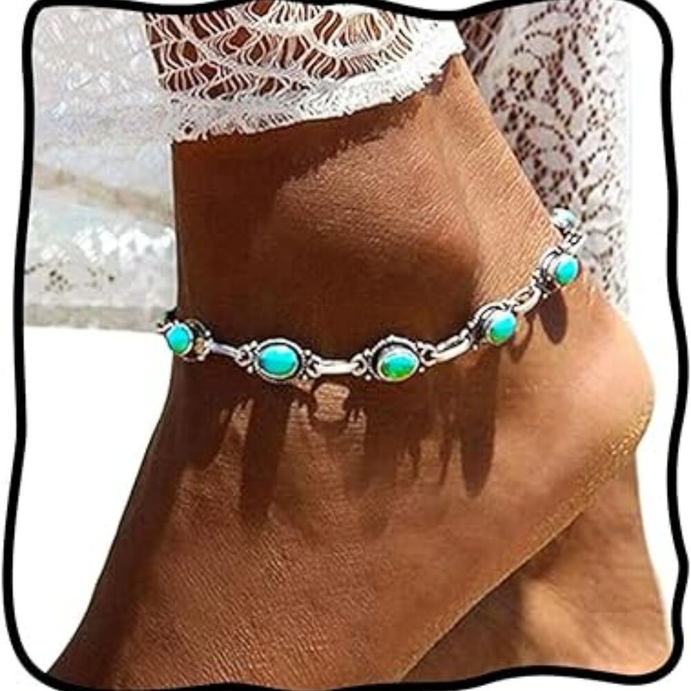 Turquoise Boho Anklet Black Ankle Summer Beach Adjustable Foot Jewelry Vacation